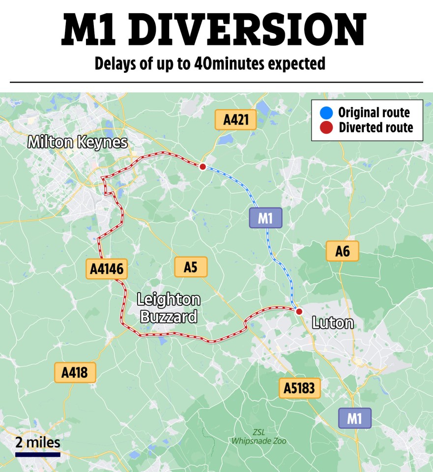 The longest diversion will take drivers 15 miles out of their way