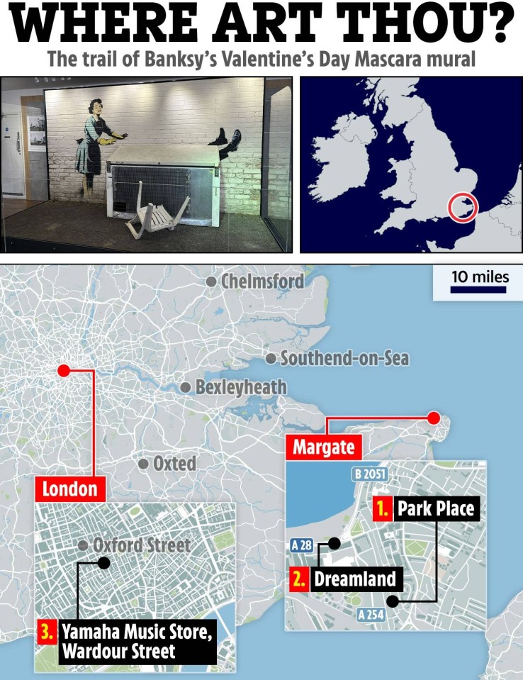 a map showing the trail of banksy 's valentine 's day mascara mural