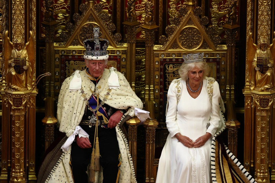 King Charles wore the Imperial State Crown and the Robe of State as he sat alongside Queen Camilla