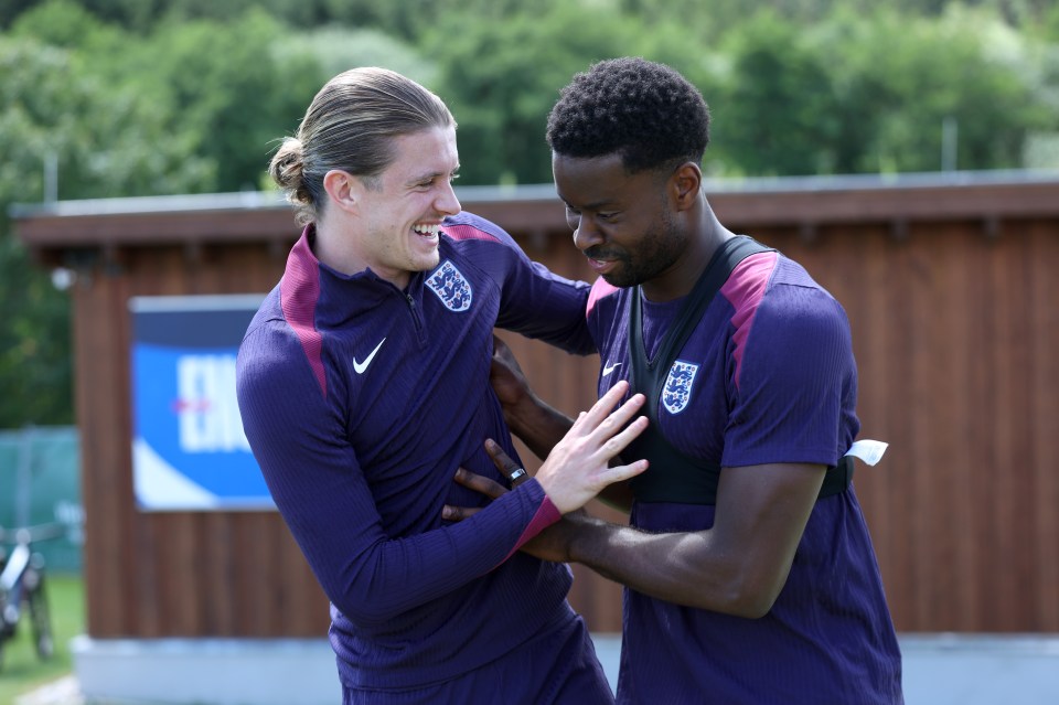 Conor Gallagher and Marc Guehi have a laugh in training