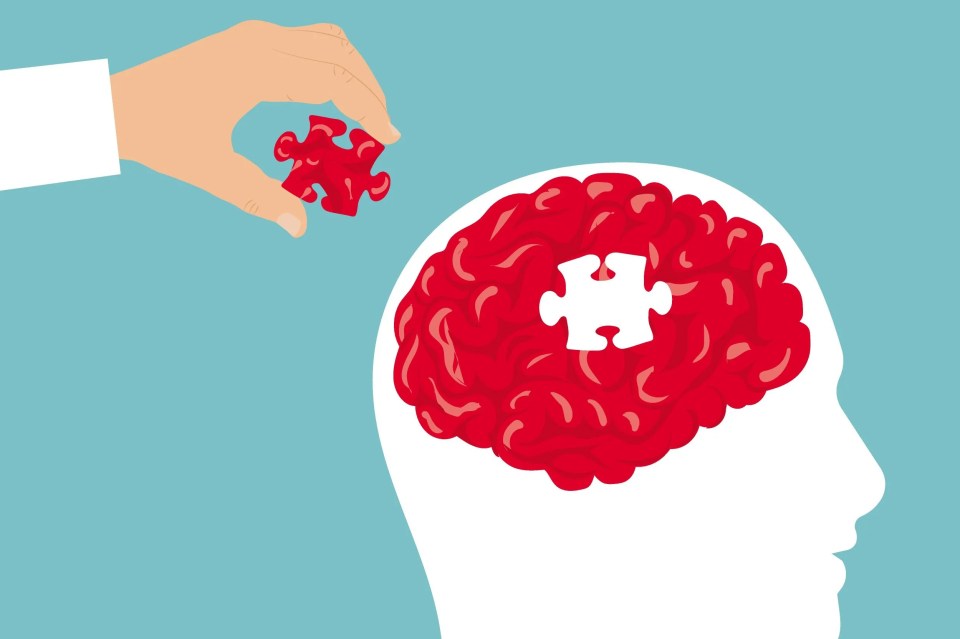 The image depicts a stylized human head in profile view, with the brain illustrated as a red jigsaw puzzle. A hand is shown placing the final piece of the puzzle into the brain, symbolizing the completion or enhancement of mental functions. The background is a solid light blue color, emphasizing the white silhouette of the head and the vivid red puzzle pieces.