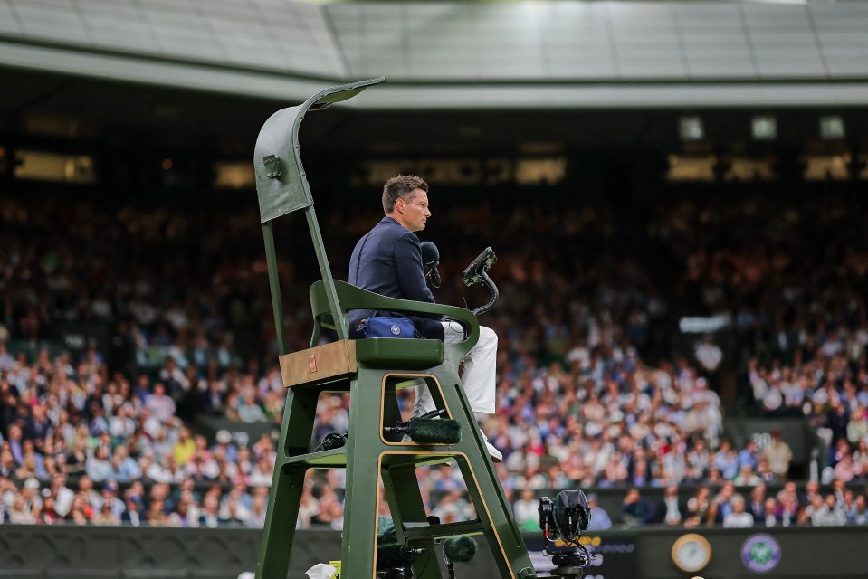 Tennis umpires sit high up to the side of the court during matches