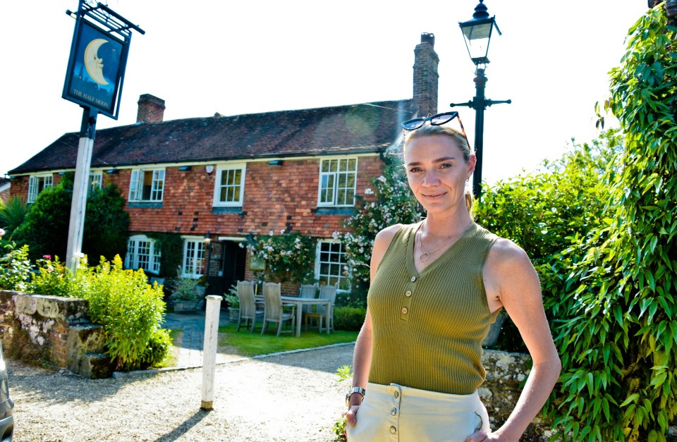 Ex-model Jodie Kidd often works behind the bar of The Half Moon in Kirdford