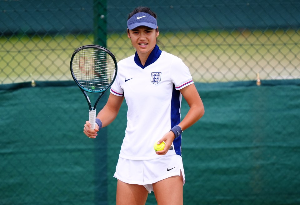 Tennis ace Emma Raducanu sporting an England kit in a Wimbledon training session