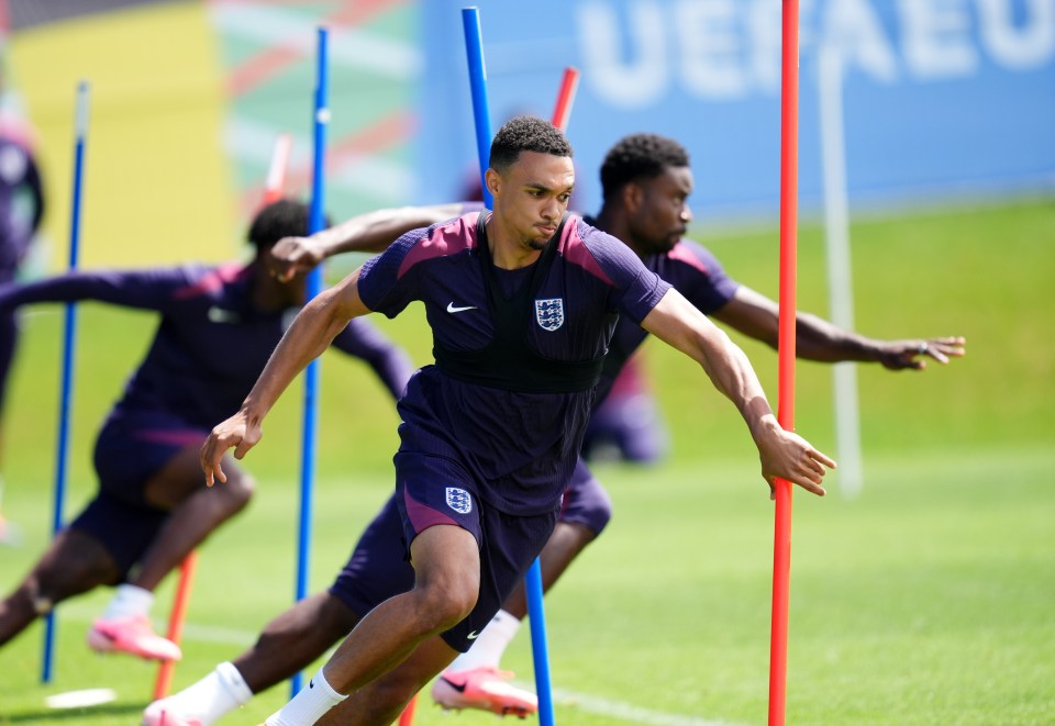 Trent Alexander-Arnold trains for the Euros final against Spain