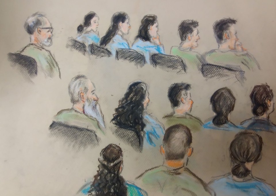 A court sketch of the group charged over her death