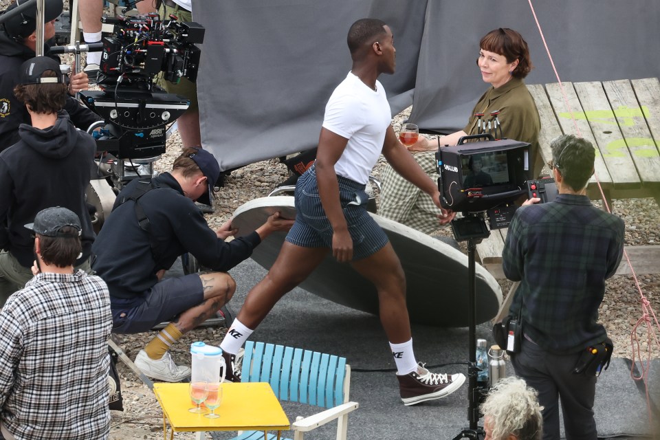 Actress Olivia Colman is pictured on the set of new movie The Roses with Doctor Who’s Ncuti Gatwa