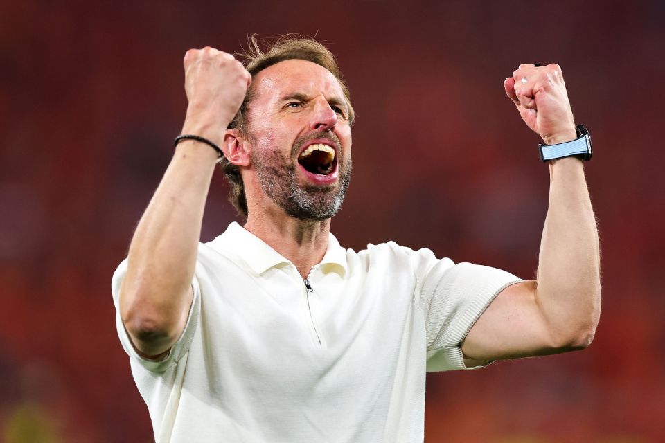 Gareth Southgate celebrates at full time after England beat the Netherlands