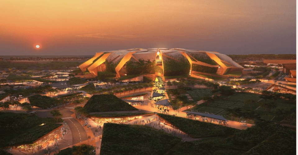 an artist 's impression of a futuristic stadium at sunset