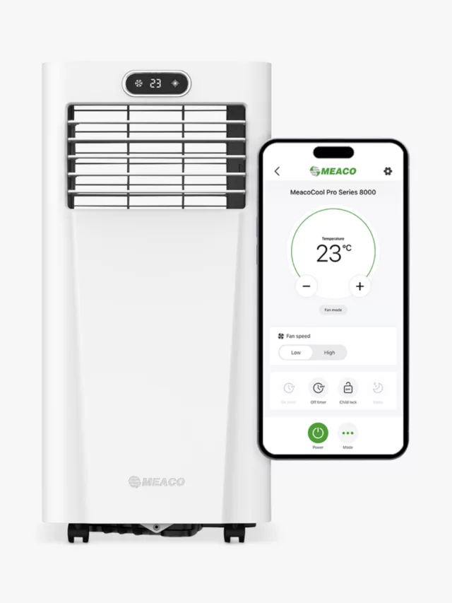 a white meaco air conditioner next to a smart phone