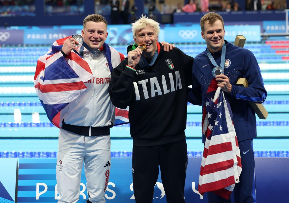 Peaty stood on the podium alongside  Italy’s Nicolo Martinenghi and the USA’s Nic Fink