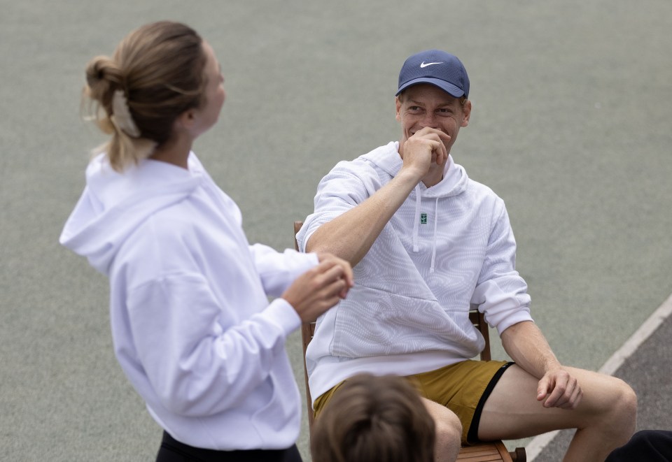 Jannik Sinner and Anna Kalinskaya during a shared training session ahead of Wimbledon 2024