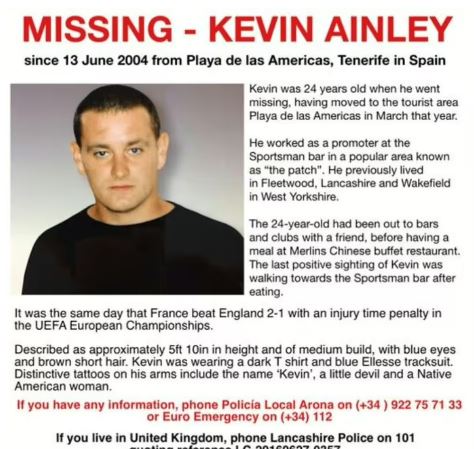 A missing poster for Kevin Ainley who vanished 20 years ago in Tenerife