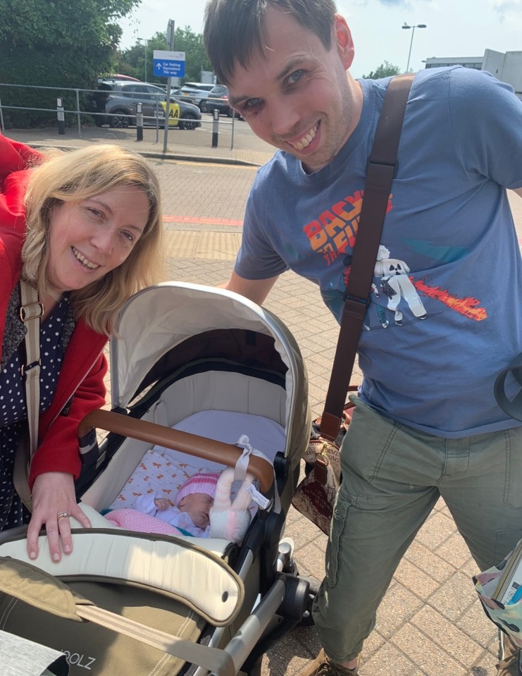 The family coming out of hospital after little Amelia was discharged