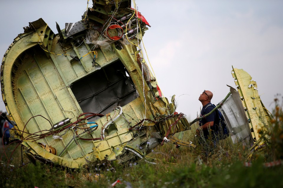 A Malaysian air crash investigator inspects the crash site of Malaysia Airlines Flight MH17, near the village of Hrabove in Donetsk region, Ukraine