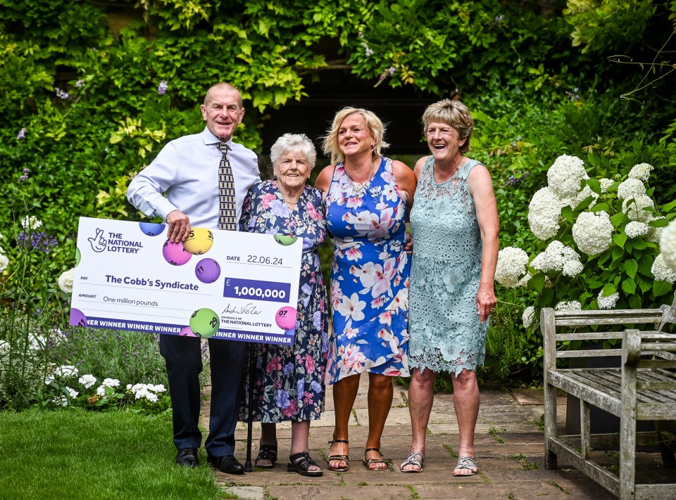 Lottery winners Audrey Cobb, 87, and her three children David Cobb, 67, Carol Nobbs, 55 and Sandra Digby, 60.