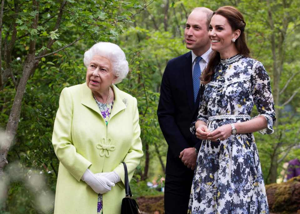 The late Queen Elizabeth with Prince William and Princess Kate in May 2019 at the Chelsea Flower show