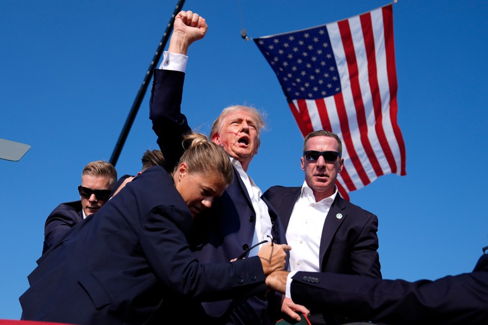 The former president – swarmed by Secret Service agents – with blood covering the right side of his face