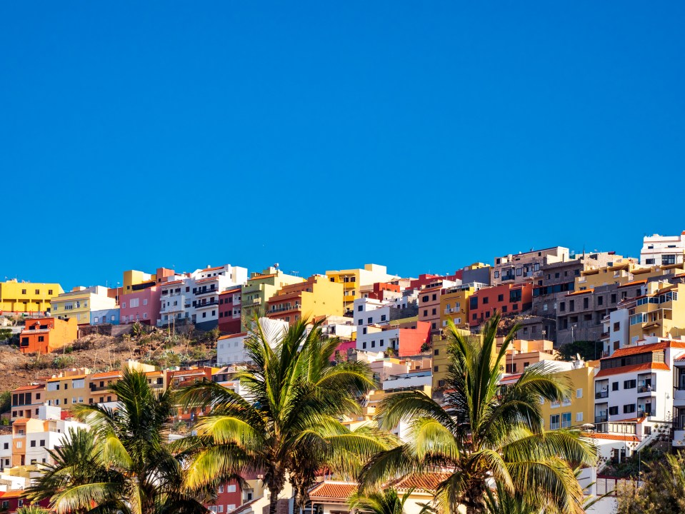 a row of colorful buildings with palm trees in the foreground