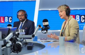  Home Secretary James Cleverly and Shadow Home Secretary Yvette Cooper taking part in a live LBC immigration debate on June 25, 2024