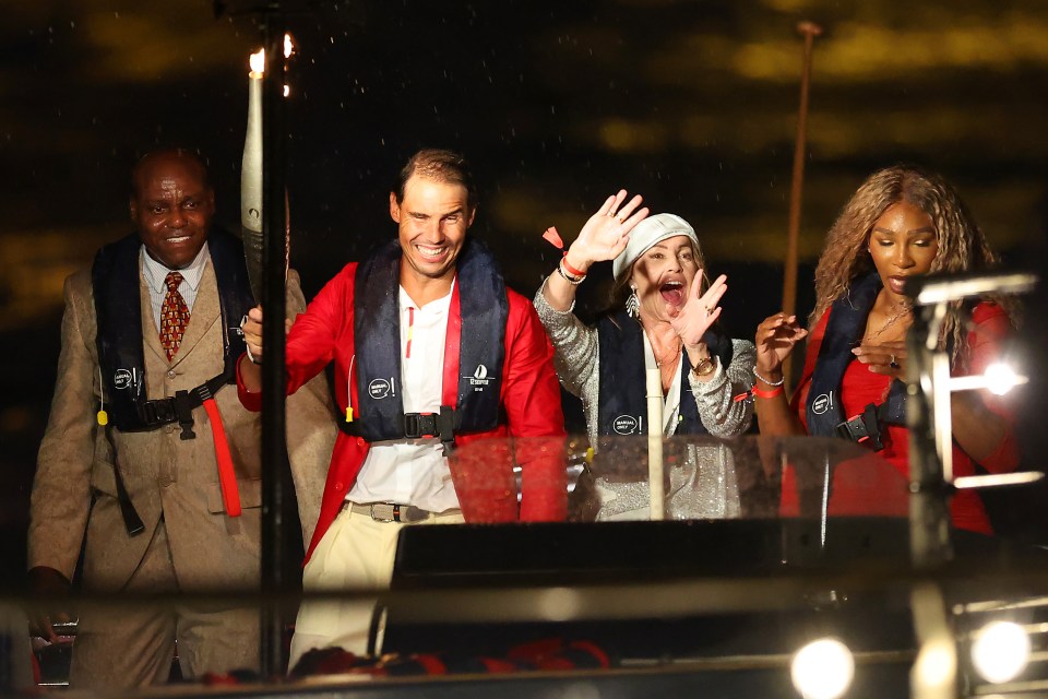 Sporting legends Carl Lewis, Rafa Nadal, Nadia Comaneci and Serena Williams took the torch on a boat ride down the Seine before the flame-lighting relay