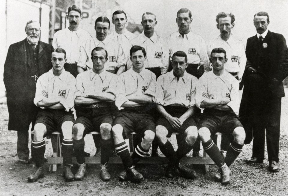 The Great Britain football team, (all of them Englishmen) winners of the gold medal, defeating Denmark 2-0, at the Summer Olympic Games in London, circa October 1908