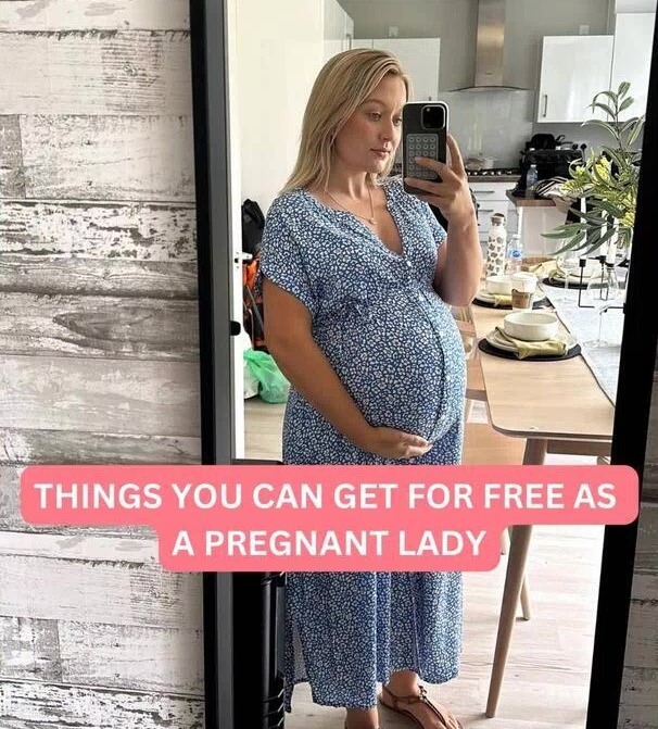 a pregnant woman taking a selfie in front of a mirror with the caption things you can get for free as a pregnant lady