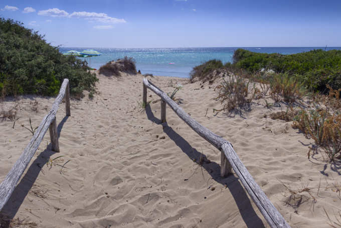 a wooden staircase leads to a sandy beach