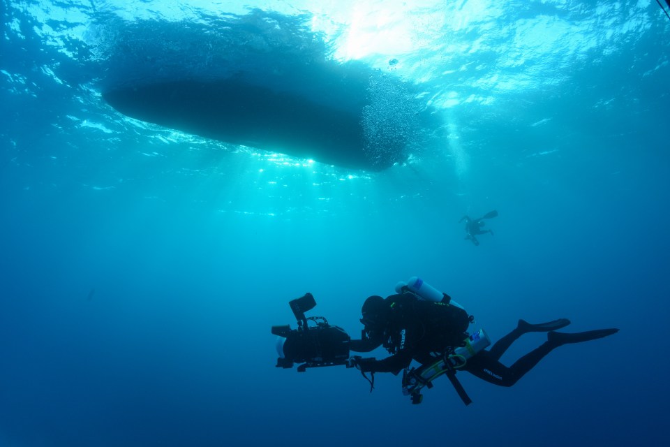 The crew scuba dives with a camera underneath the boat. (National Geographic/James Loudon)