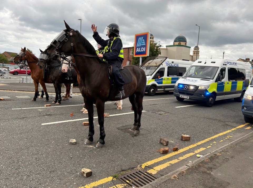 Police horses were pelted with bricks as yobs launched a vicious onslaught