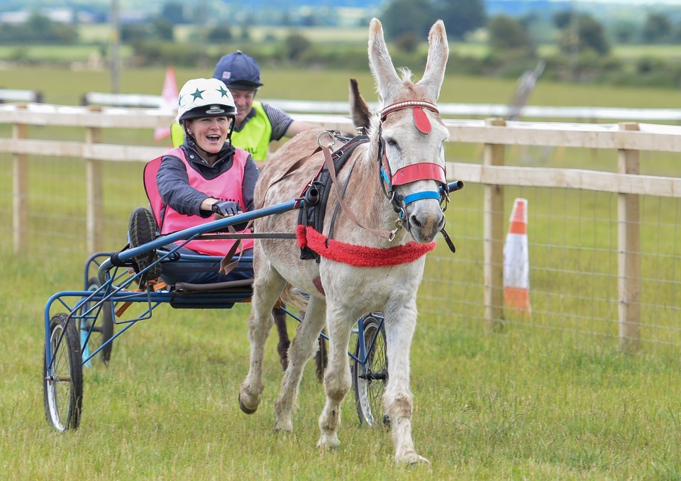 Claire wins the celebrity donkey race at the Heythrop Hunt Country Fair in 2014