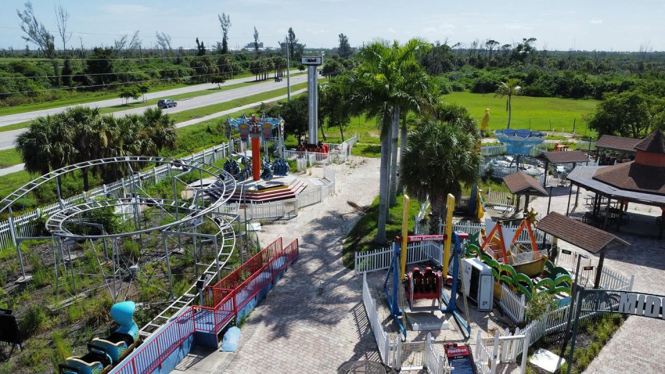 The aerial shot shows the various rides that now lie empty