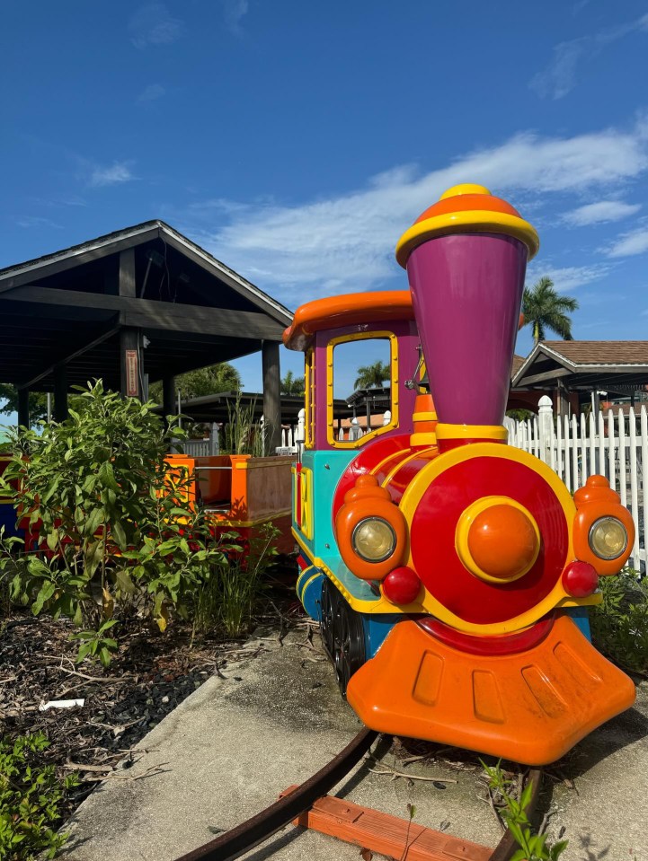 The train ride sits still in its tracks with weeds taking over it