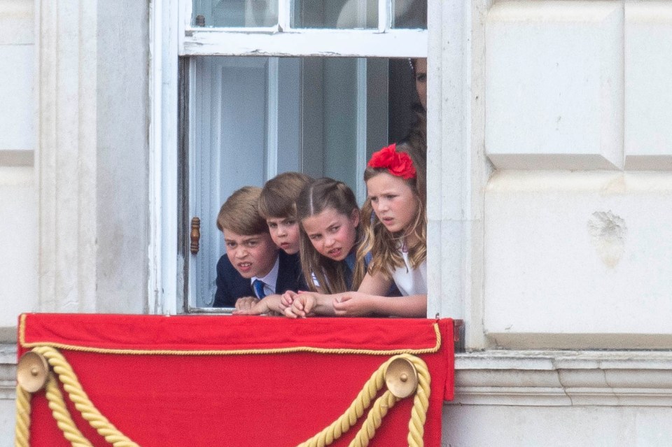 George, Charlotte and Louis pictured with Mia Tindall at Trooping the Colour in 2022