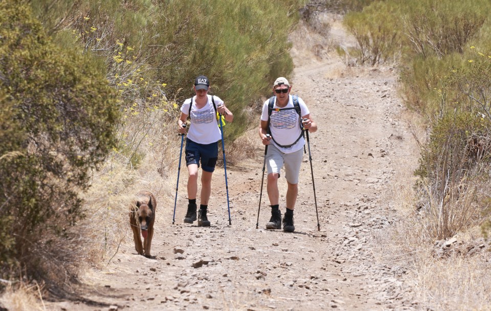 a man and a woman hiking with a dog on a dirt path