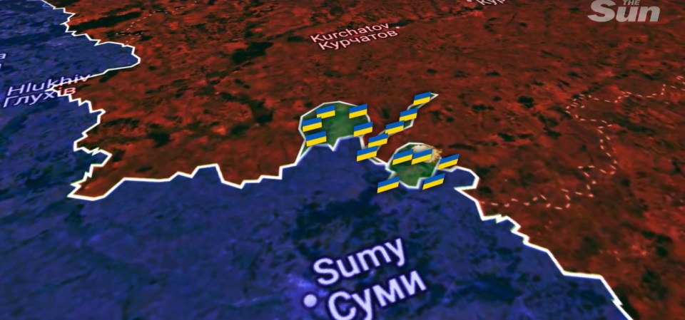 The animation shows Ukraine's initial surge, as troops storm straight ahead in a narrow incision while other units move northwest and southeast