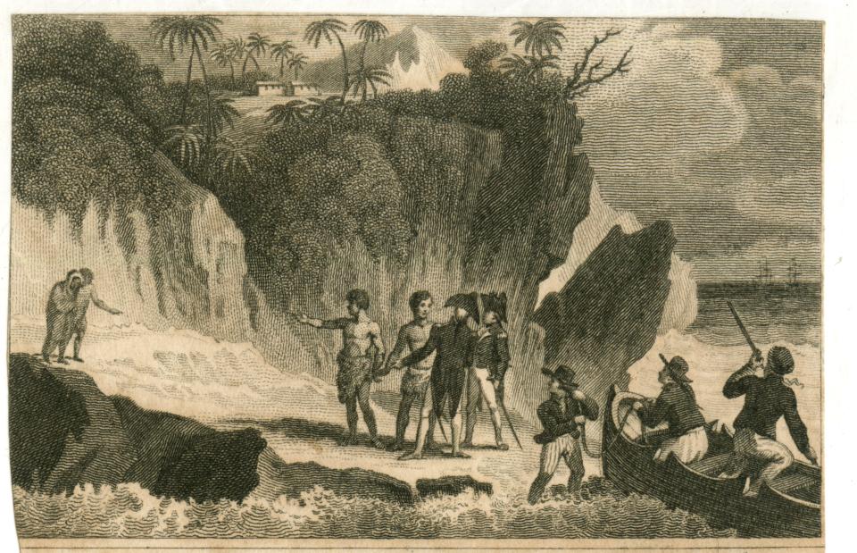 The visit of Captain Sir Thomas Staines and Philip Pipon to Pitcairn Island shown in a painting