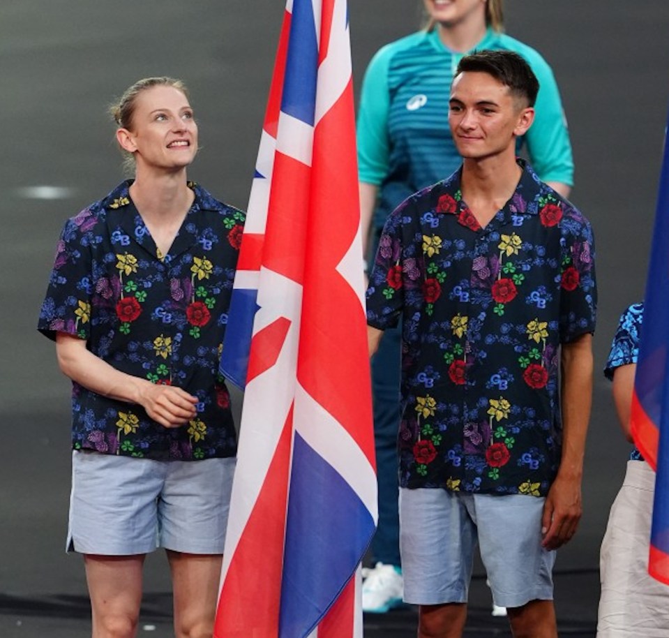 Great Britain’s flagbearers and Bryony Page show off their Hawaiian shirts