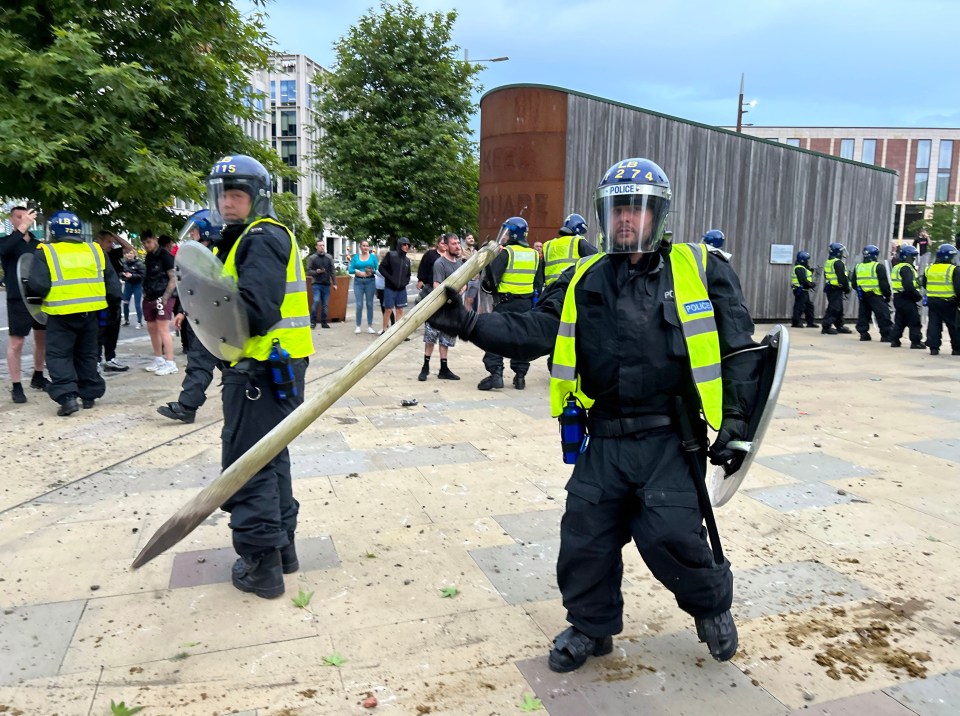 Yobs launched a metal pole at cops