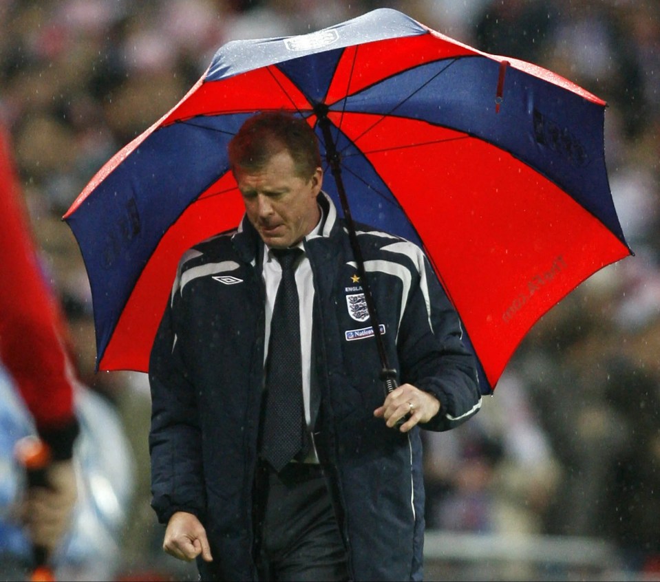 a man holding an umbrella that says ' england ' on it