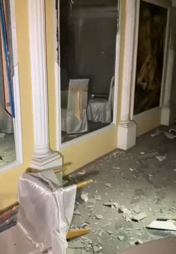 Rubble and glass covered the floor of the hotel after the strike