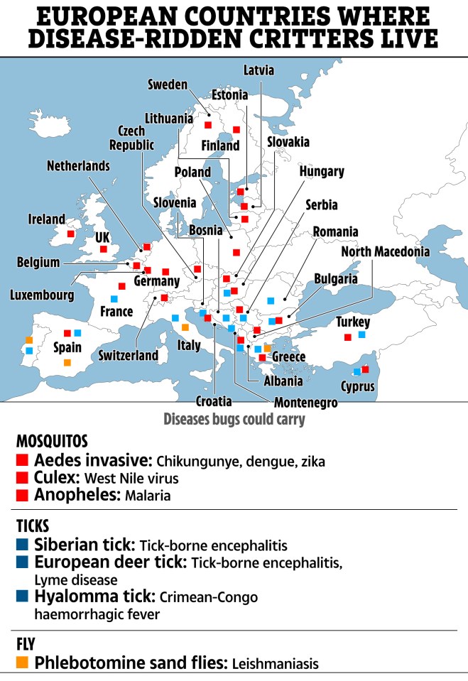 a map showing european countries where disease ridden critters live