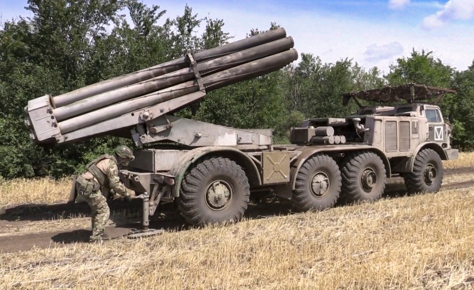 epa11550370 A still image taken from handout video provided 15 August 2024 by the Russian Defence ministry press-service shows the crew of the Uragan multiple launch rocket system preparing to fire towards Ukrainian positions at an undisclosed location, Russia. According to the Ministry of Defense, during the military operations in the Kursk direction, the Ukrainian Armed Forces lost up to 2,640 servicemen, 37 tanks, 32 armored personnel carriers, 23 infantry fighting vehicles, 206 armored combat vehicles, 96 cars, four air defense missile systems, three MLRS launchers, 20 field artillery guns and three electronic warfare stations. EPA/RUSSIAN DEFENCE MINISTRY PRESS SERVICE/HANDOUT HANDOUT HANDOUT EDITORIAL USE ONLY/NO SALESHANDOUT EDITORIAL USE ONLY/NO SALES