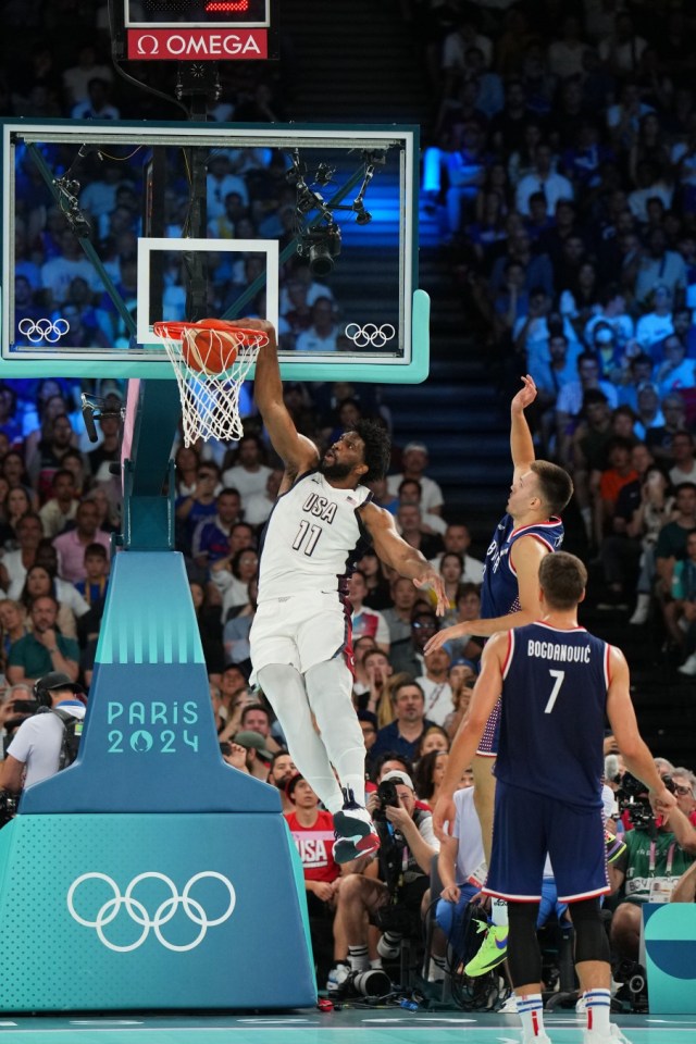 PARIS, FRANCE - AUGUST 8: Joel Embiid #11 of the USA Men's National Team dunks the ball during the game during the Men's Semi-Finals on August 8, 2024 at the AccorHotels Arena in Paris, France. NOTE TO USER: User expressly acknowledges and agrees that, by downloading and/or using this photograph, user is consenting to the terms and conditions of the Getty Images License Agreement. Mandatory Copyright Notice: Copyright 2024 NBAE (Photo by Jesse D. Garrabrant/NBAE via Getty Images)