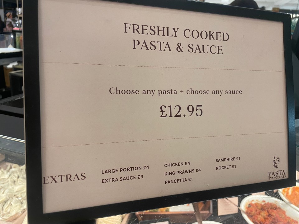 £12.95 will get you a basic pasta and sauce, but filled pastas and extras come at a hefty price