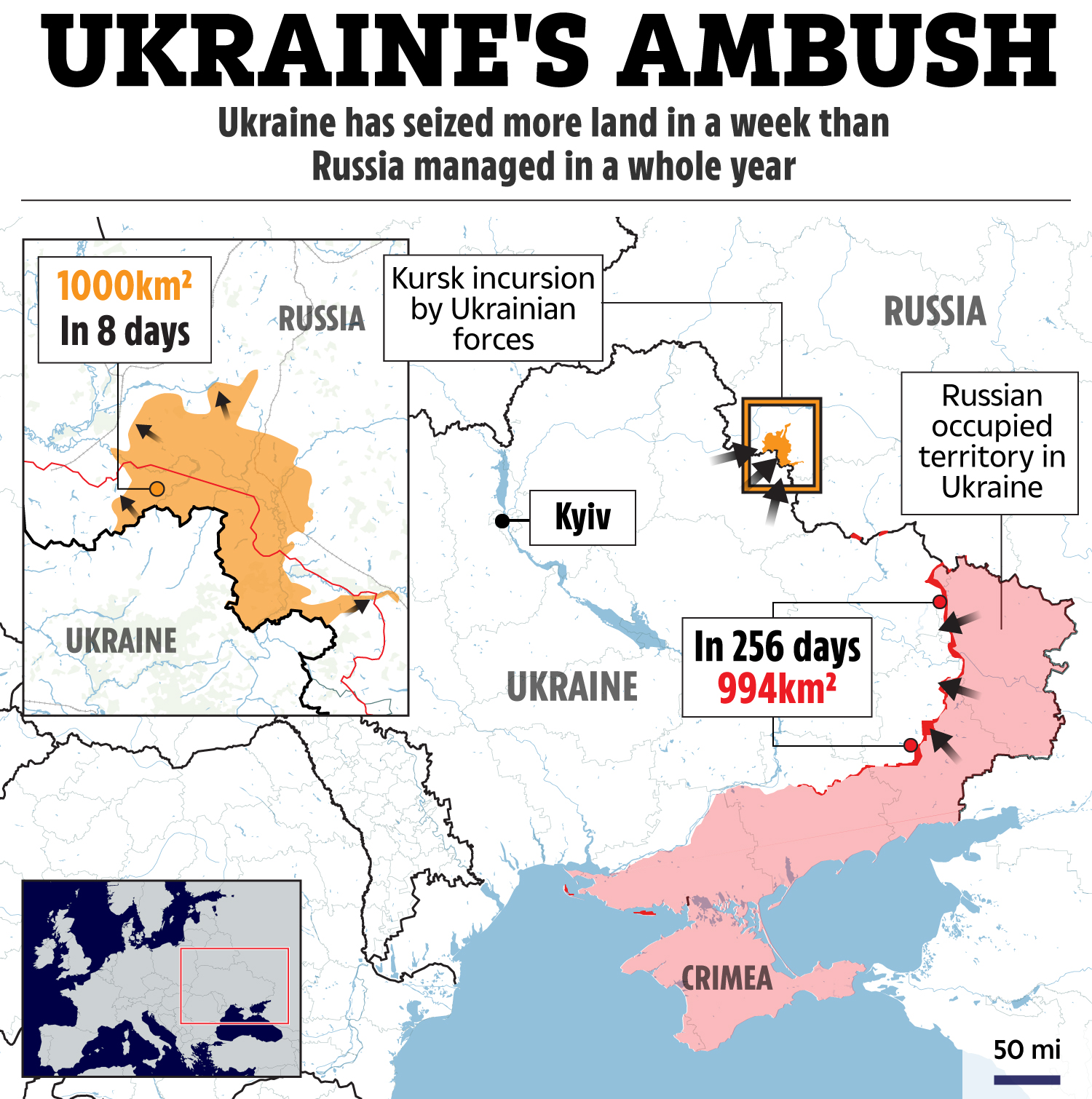 a map showing ukraine 's ambush and the russian occupied territory in ukraine