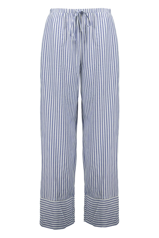 a pair of blue and white striped pajama pants