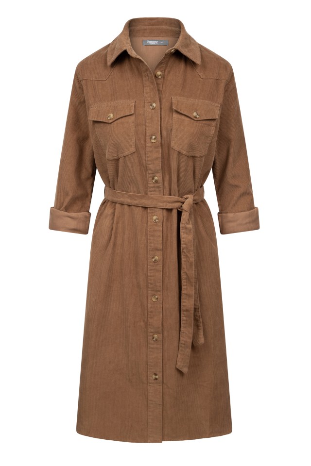 a brown shirt dress with a belt around the waist