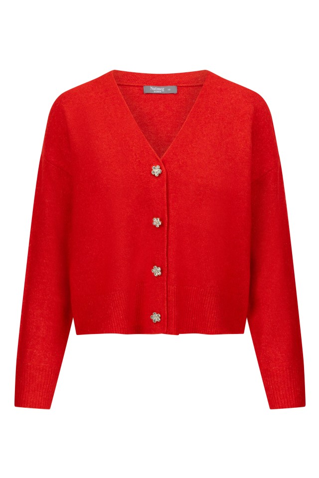 a red cardigan with buttons and a label that says ' abercrombie & fitch ' on it