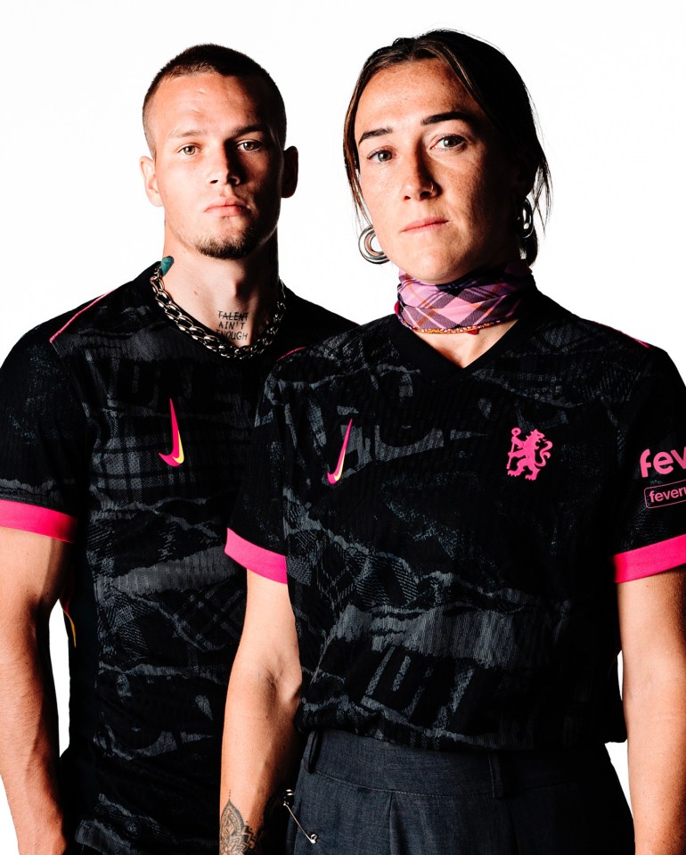 Chelsea stars Mykhailo Mudryk and Lucy Bronze model the new kit